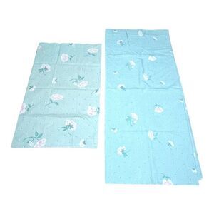 Vintage 70s Burlington Caress Green Pink Rose Full Flat Sheet Pillowcase Set